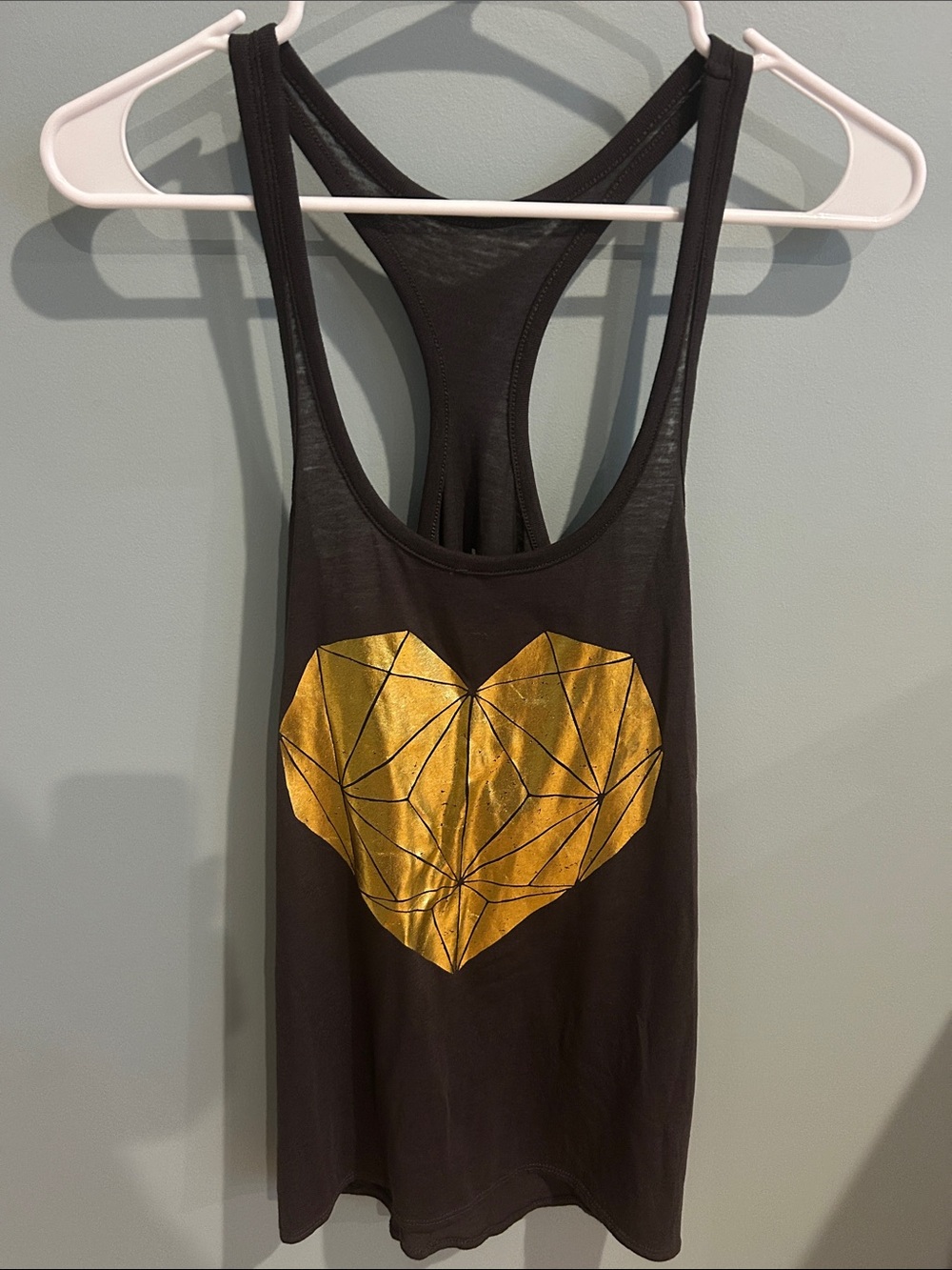 NWOT, Chaser, Women’s, Black Racerback Tank with Metallic Gold Geometric Heart